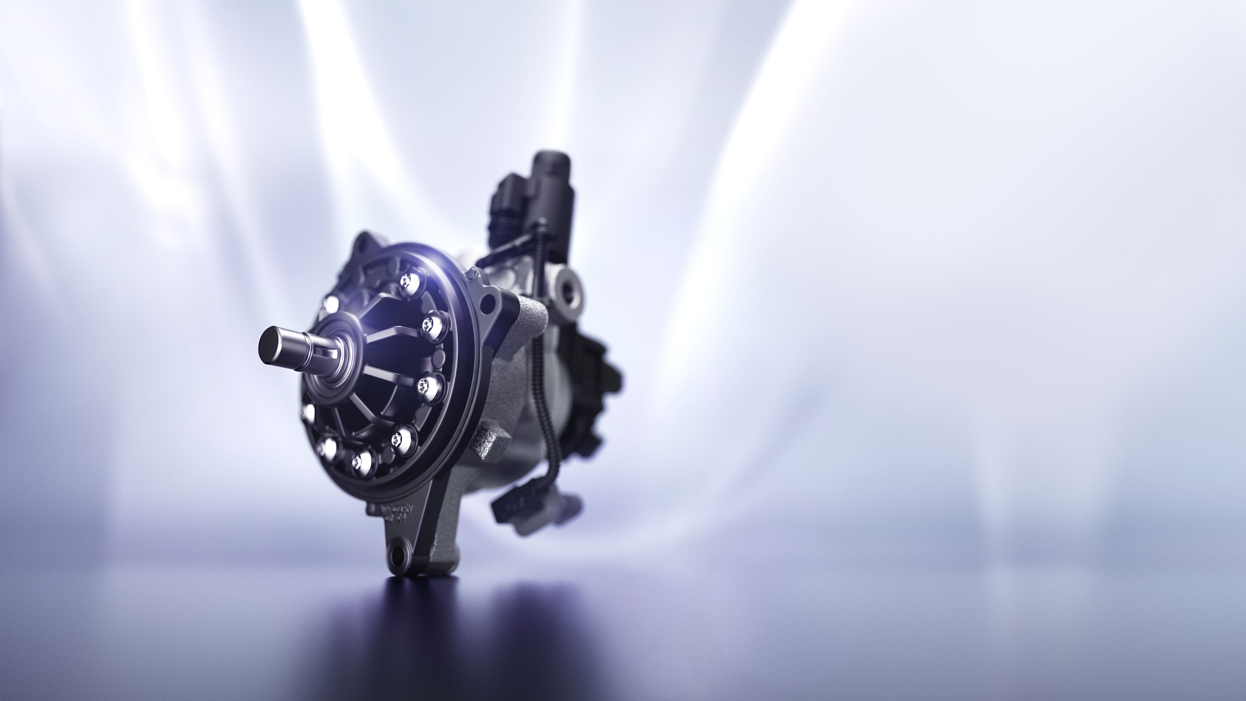 The perspective shows a customized connection of the energy-saving e-Varioserv commercial vehicle power steering pump.