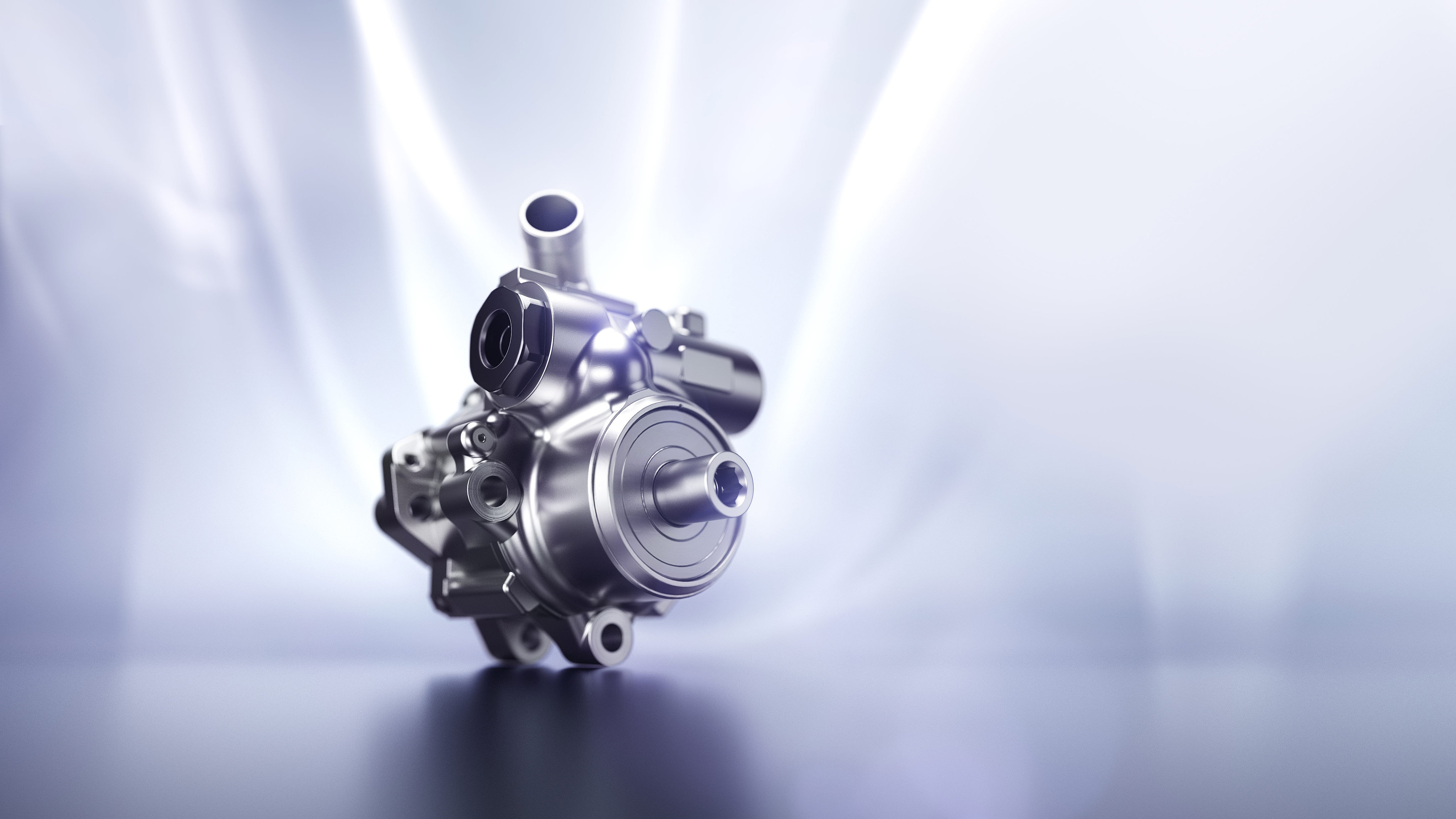 The perspective shows the sophisticated product design of the FP4 power steering pump for passenger vehicles.
